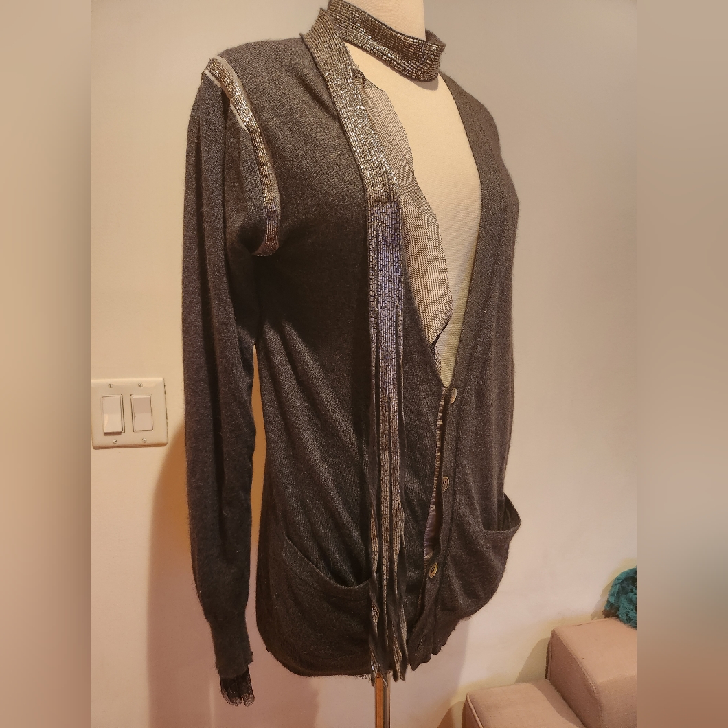 Sacai Cardigan With Soft Tulle Lining And Beaded Details, Japanese Size 3